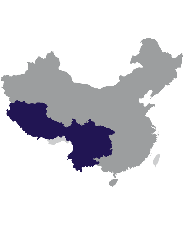 Landkaart China grijs met regio Zuidwest-China donkerblauw op transparante achtergrond - 600 * 733 pixels